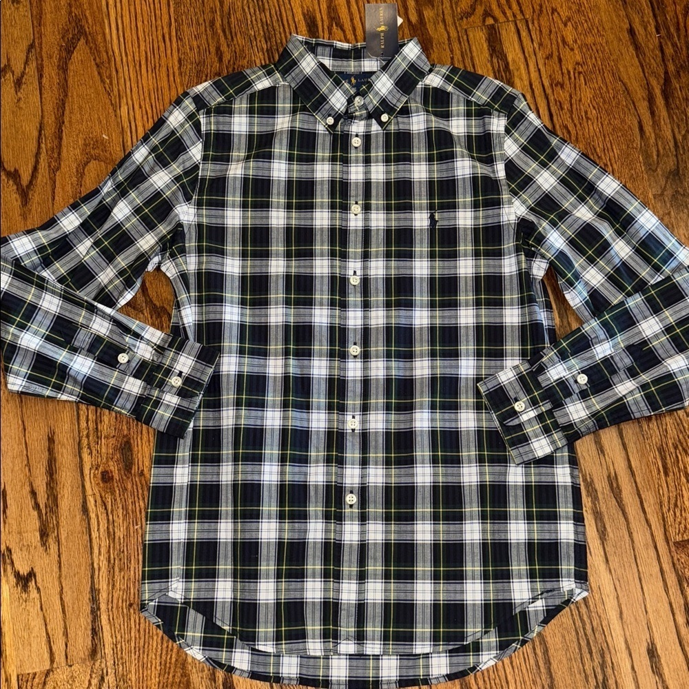 Polo Ralph Lauren boys navy and green plaid OXFORD shirt size large (14-16) NWT
